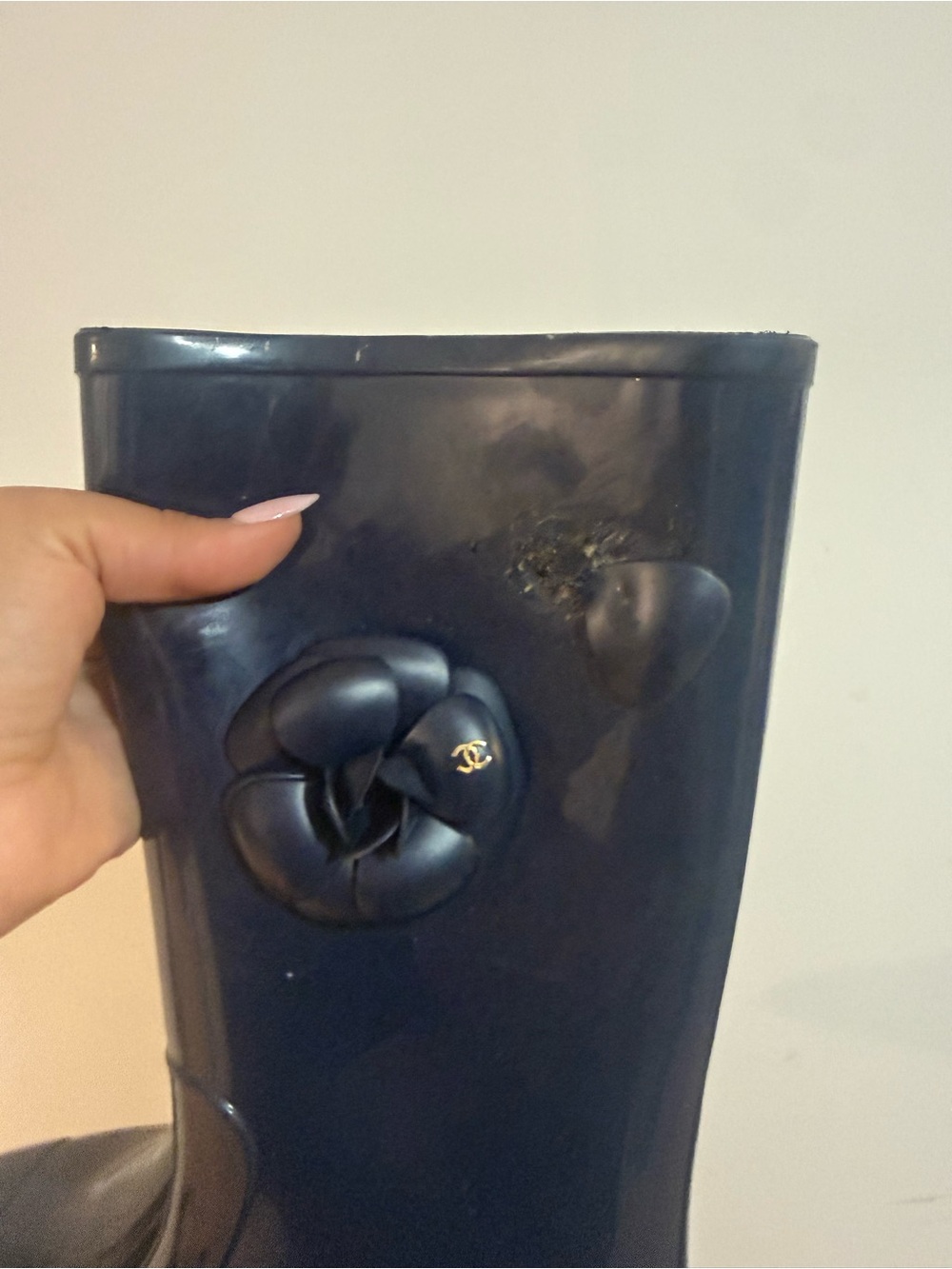 Chanel navy rain boots with Camillah flower accents - Picture 2 of 8